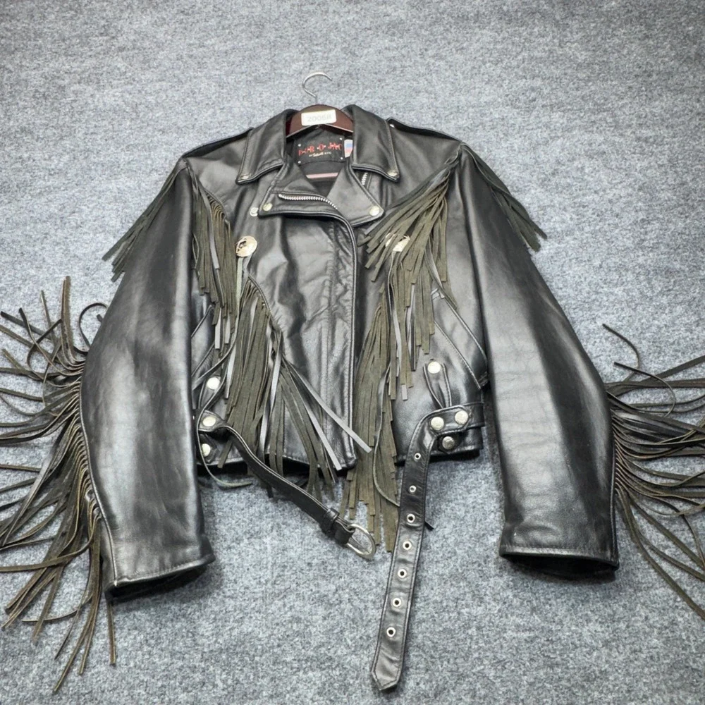 Vintage Schott NYC Duro Jac Jacket Womens 14 Black Leather Fringe Concho Biker